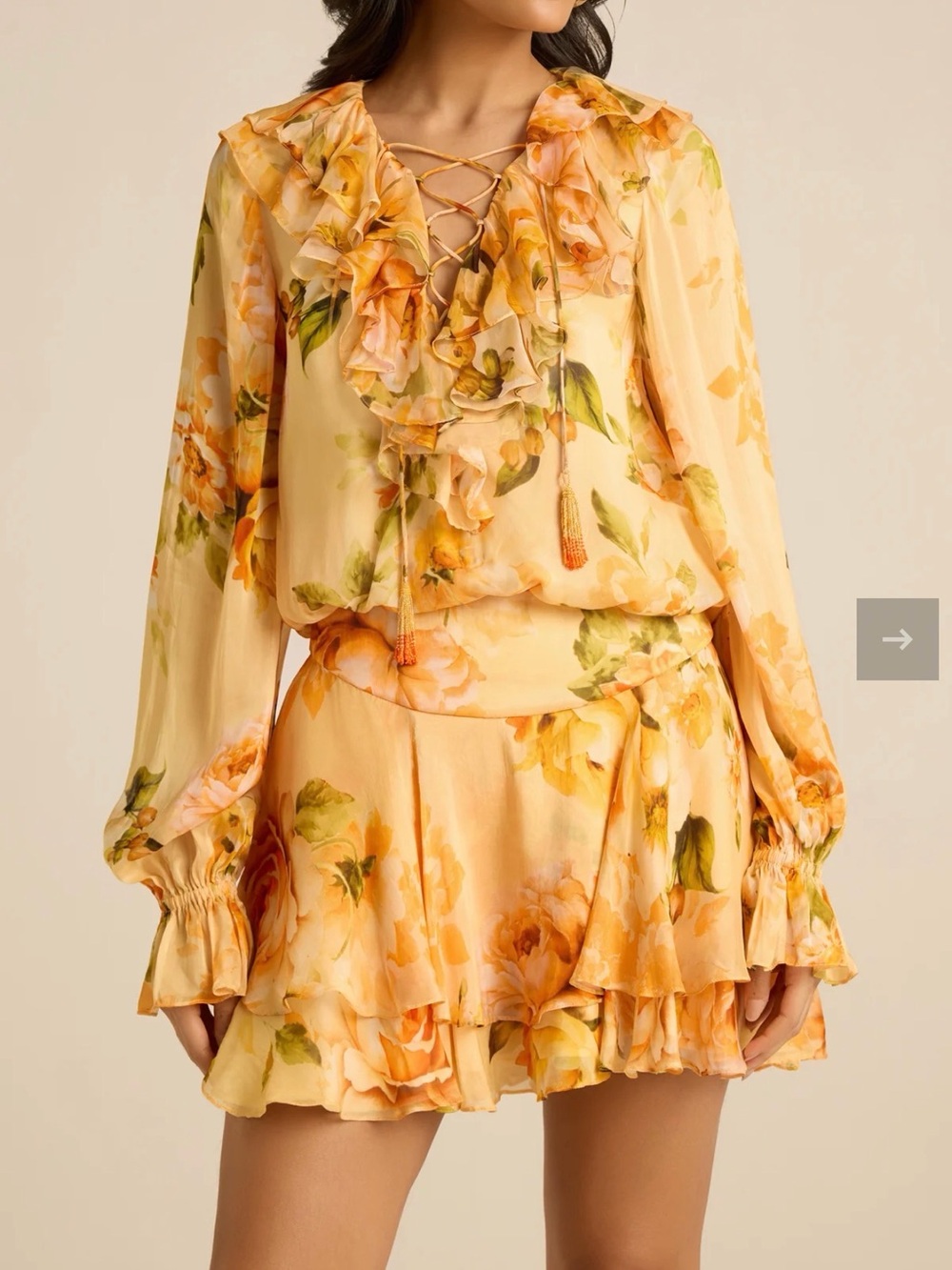 HEMANT & NANDITA Peach and Green Floral Ruffle Tie-Neck  Two Piece Set